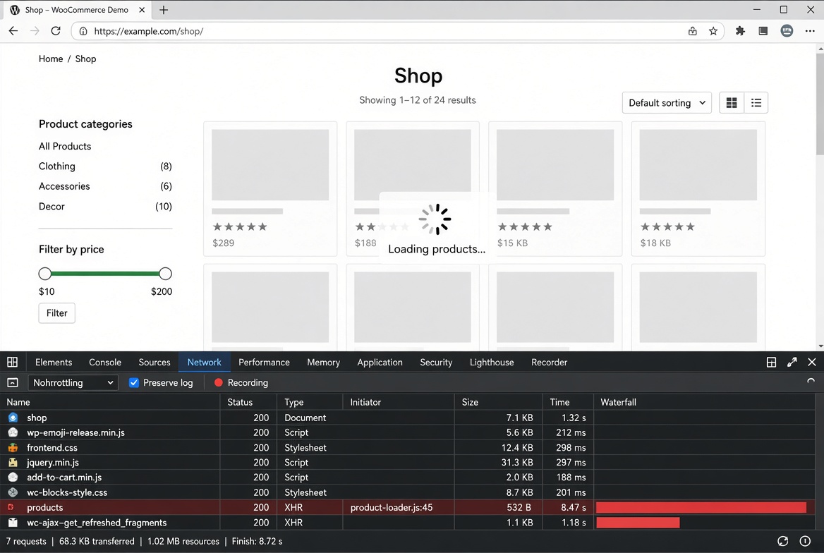 Иллюстрация: каталог WooCommerce ещё загружает товары, запрос фрагментов идёт секундами